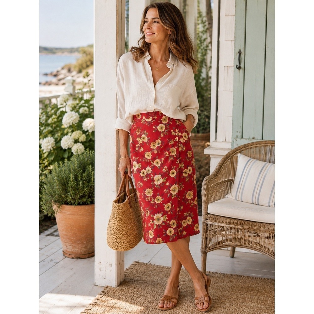Vintage Talbots Red Floral Linen Blend Faux Wrap Midi Skirt Size 10